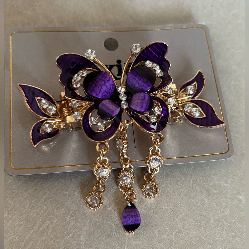Elegant Purple Butterfly hair clip with Gold Accents